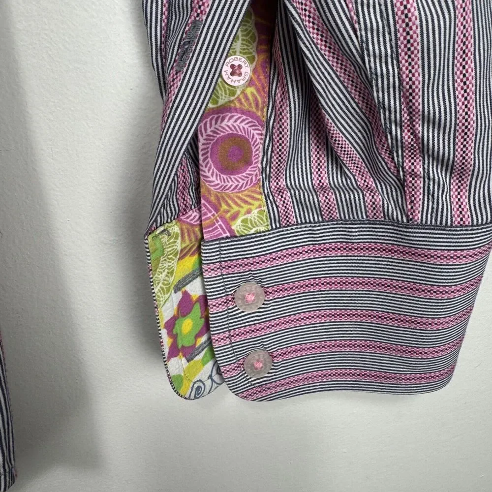 Robert Graham Flip Cuff Button Shirt Men Medium Gray Pink Striped Cotton Floral - Picture 5 of 11